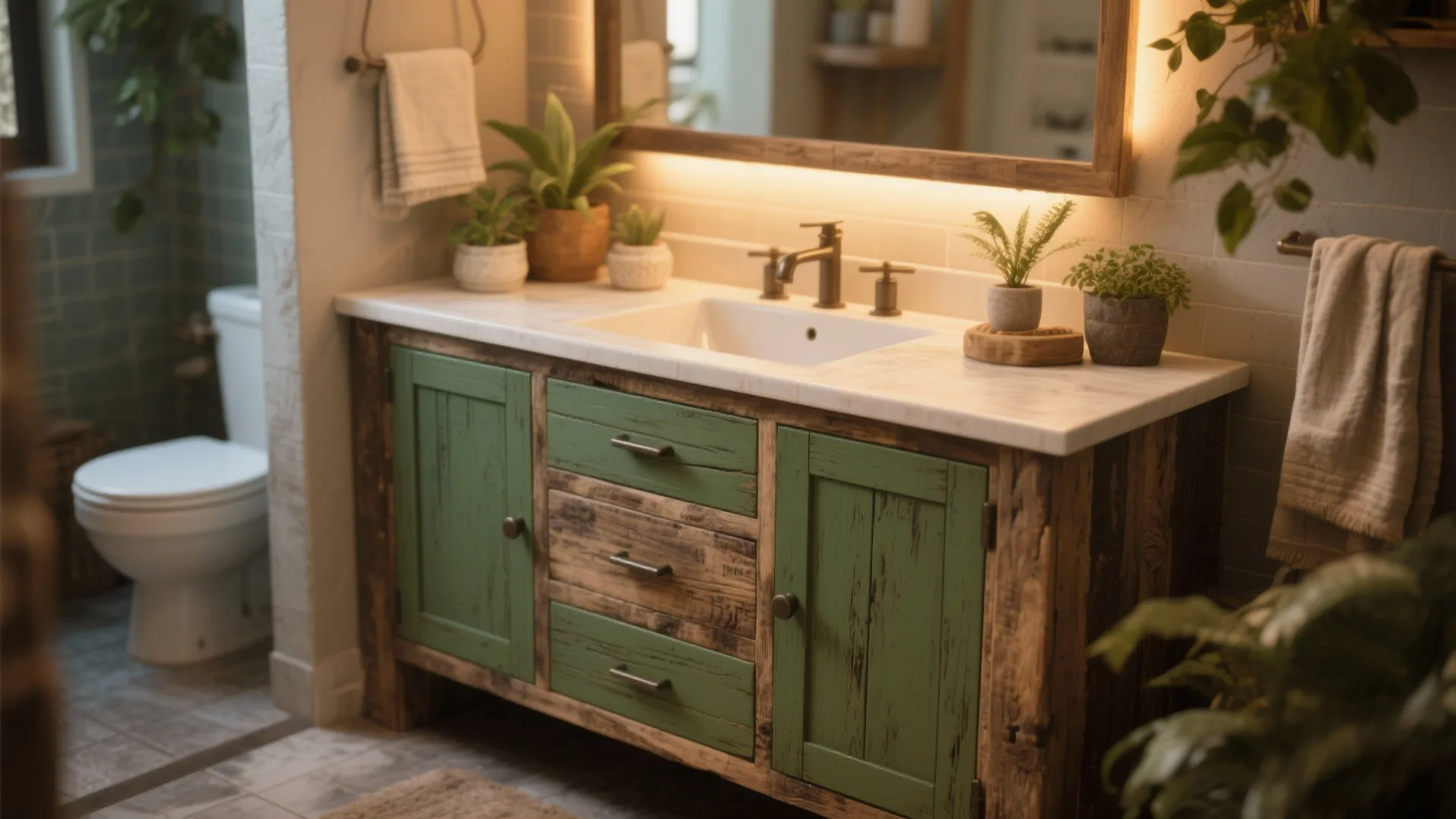 4. Reclaimed Wood Vanity with Olive Green Accents