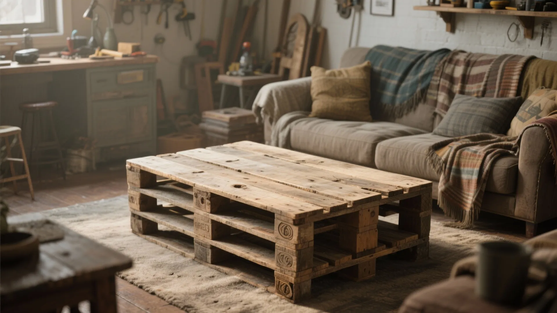 Rustic square coffee table made from reclaimed pallet wood with textured boards and warm living room styling.