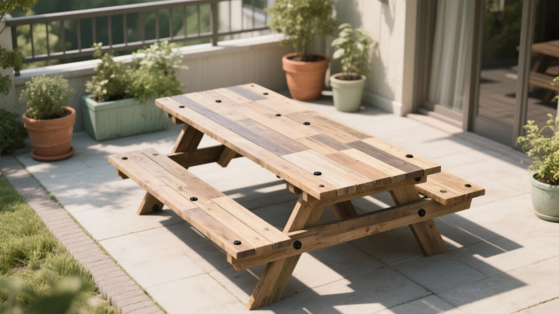 Rustic wooden picnic table with benches on a sunny patio area with various green potted plants