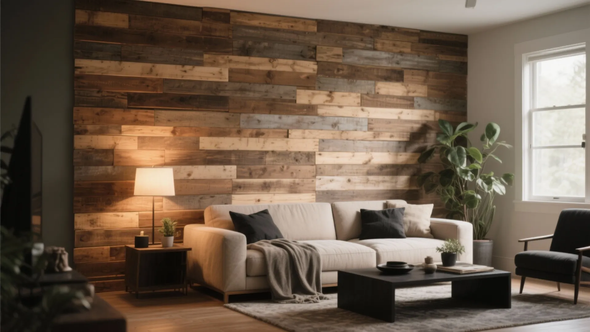 Modern living room featuring wood wall panel behind a cream sofa with black coffee table