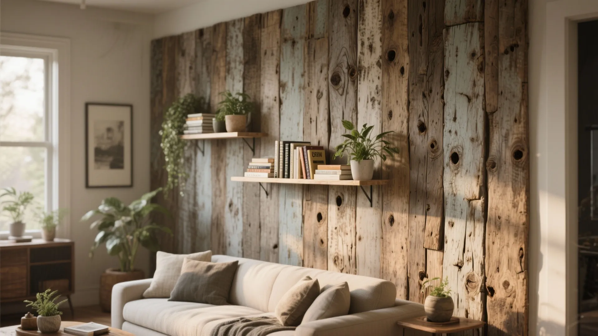 2. Reclaimed weathered panels paired with floating shelves