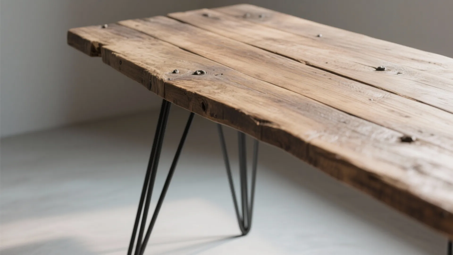 Close up of rustic wooden table with metal legs and natural wood grain in light room