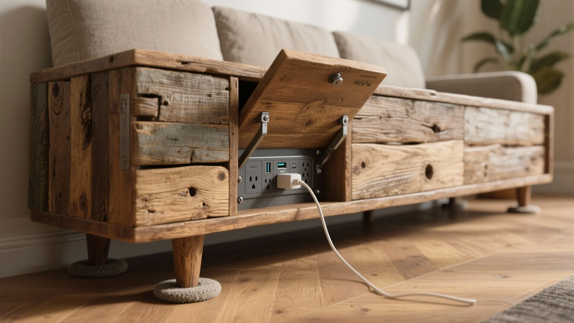 2. Reclaimed-wood console with pop-up power modules
