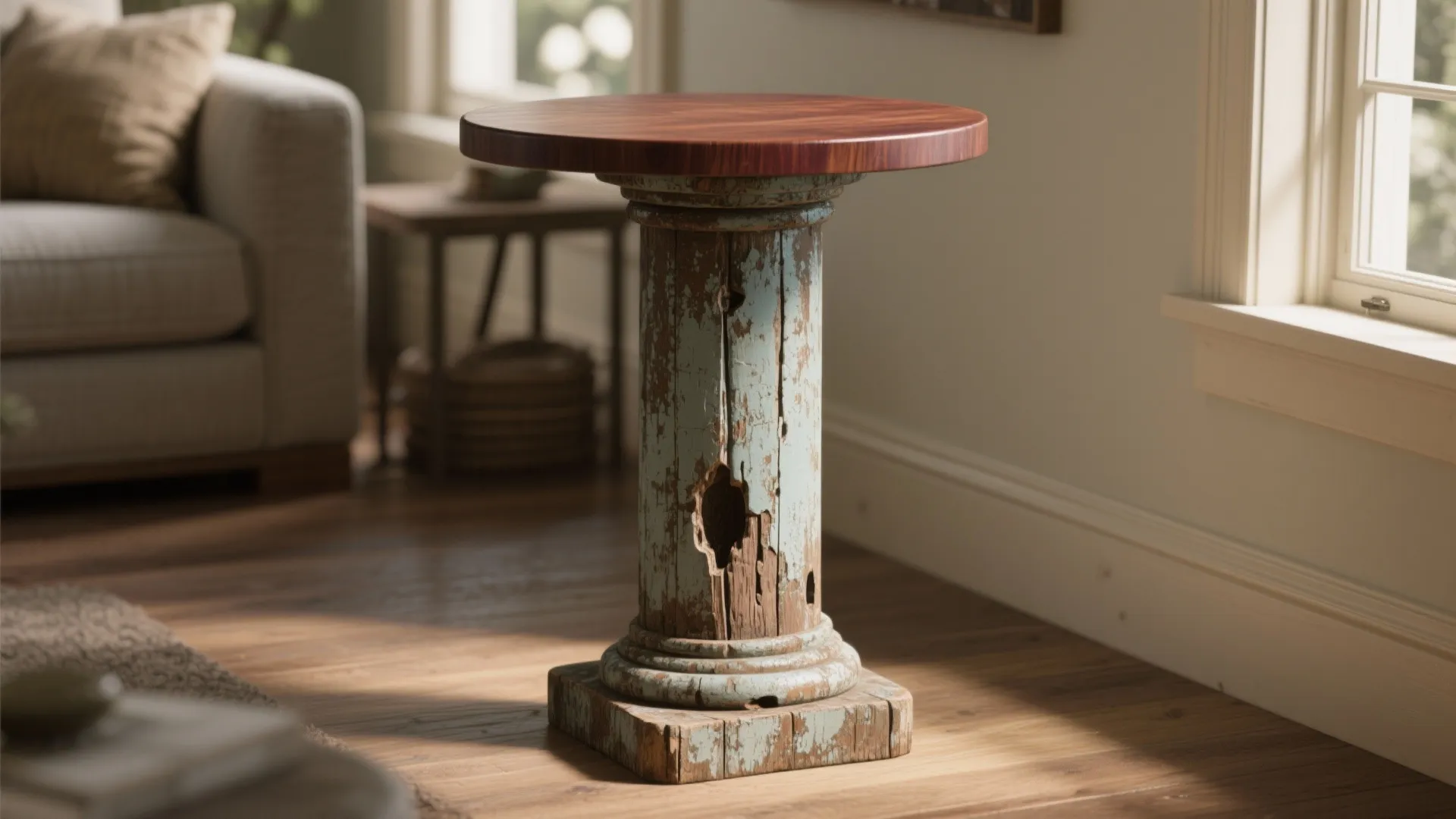 Round side table with reclaimed wood pillar base beside a sofa and bright large window