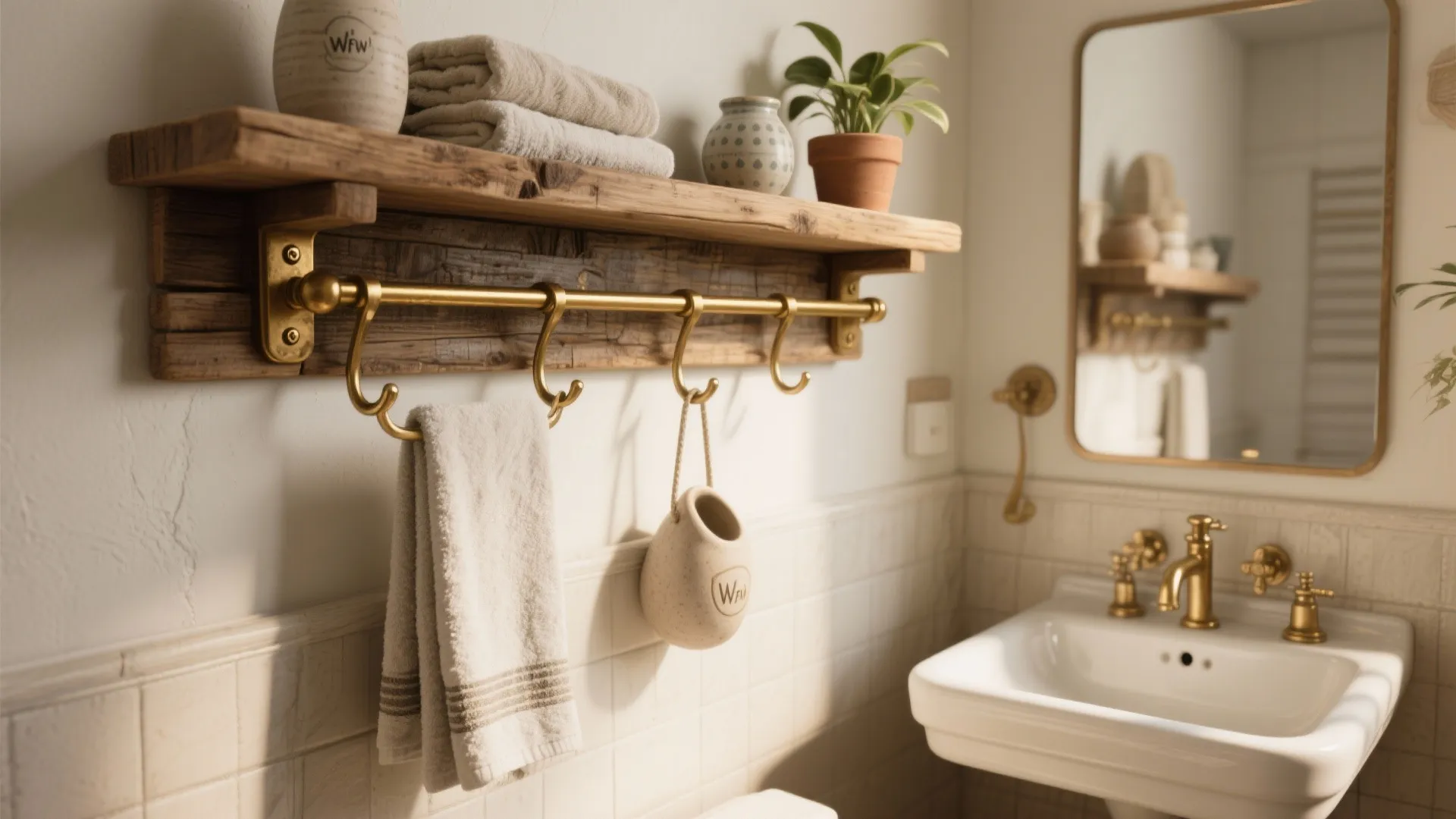 5. Functional art — reclaimed wood shelves and rail systems