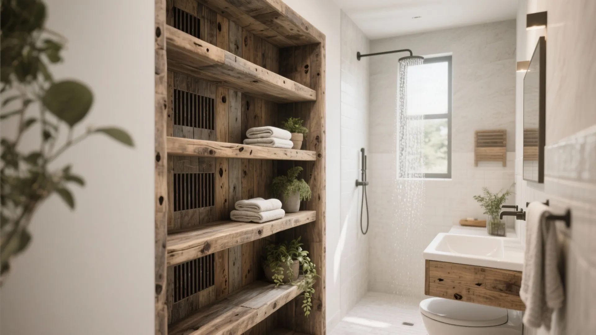 Modern bathroom featuring rustic wooden shelves with towels and plants next to a glass shower