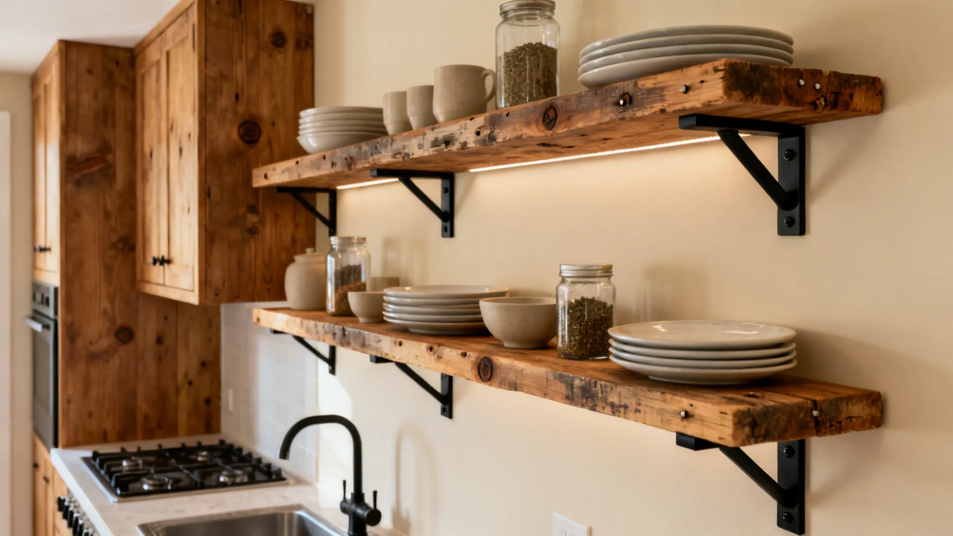 Reclaimed pine open shelves with black brackets holding plates and spices in a small rustic kitchen.