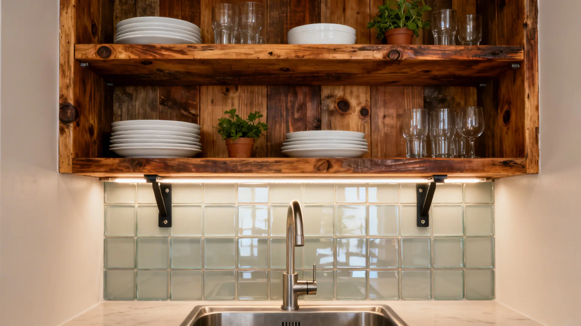 Reclaimed wood open shelves with warm grain and under-shelf lighting above a compact sink.