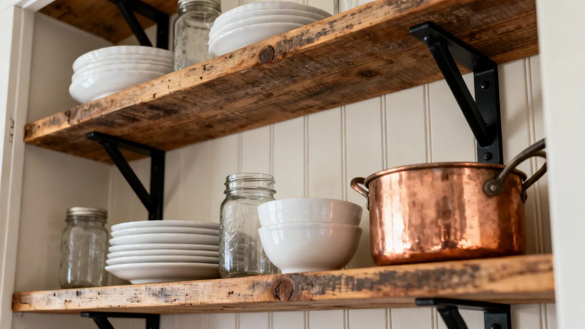 Reclaimed wood shelves with white stoneware, vintage jars, and a copper pot on matte black brackets.