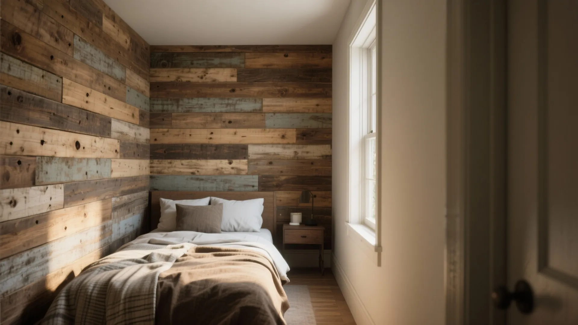 Small cozy bedroom featuring rustic wood wall panel behind bed with white pillows and natural light