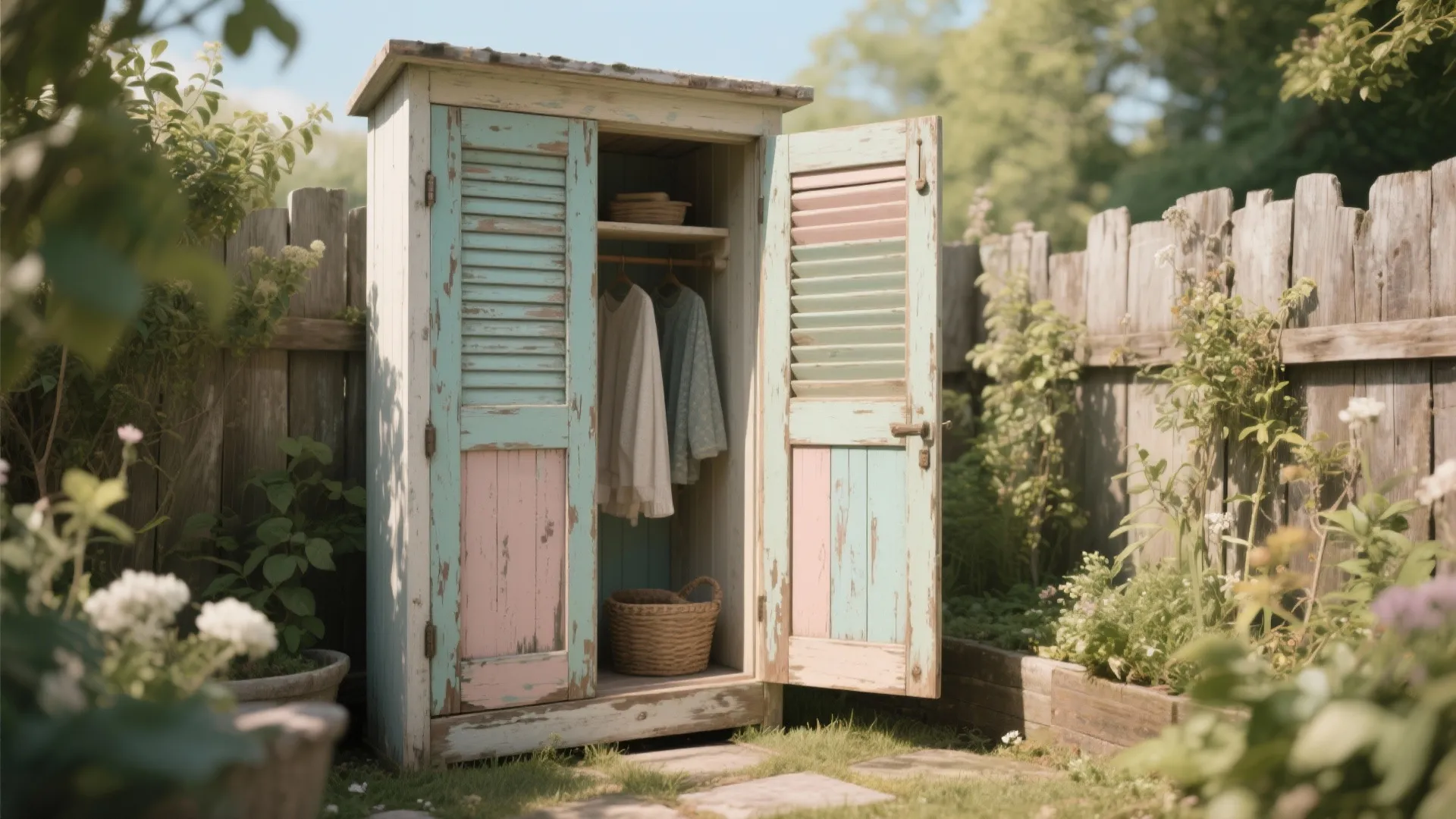 Vintage weathered garden cabinet with colorful shutter doors standing in a sunny backyard with flowers