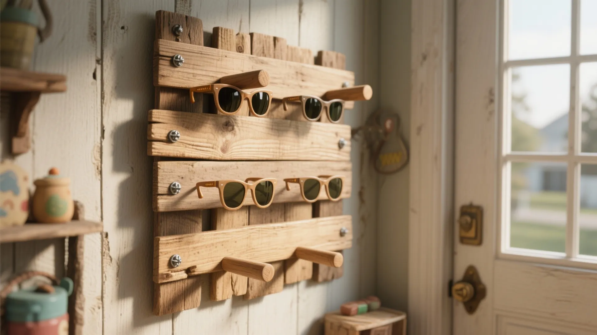 Handmade wooden wall rack with pegs holding several pairs of sunglasses in a bright room