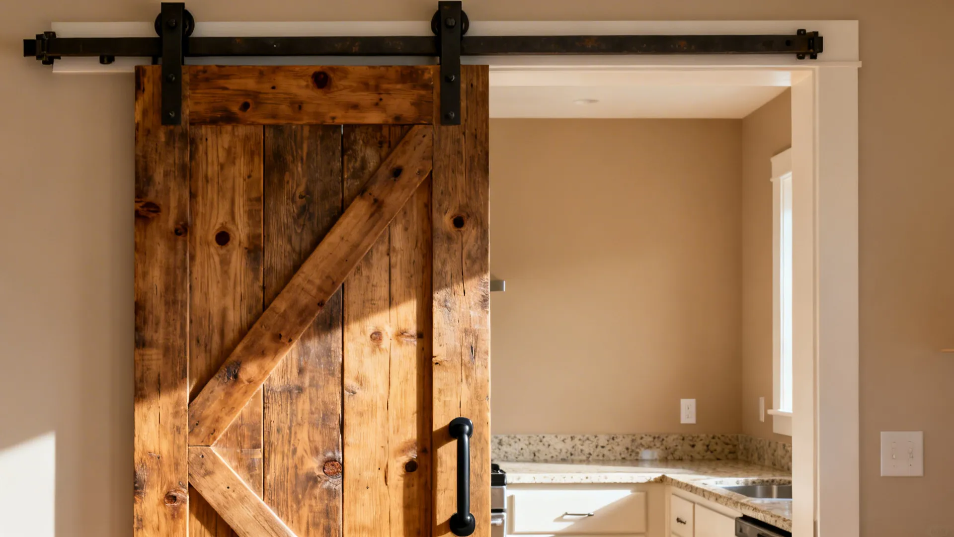 Reclaimed oak barn door on a soft-close track adds warmth to a compact kitchen.
