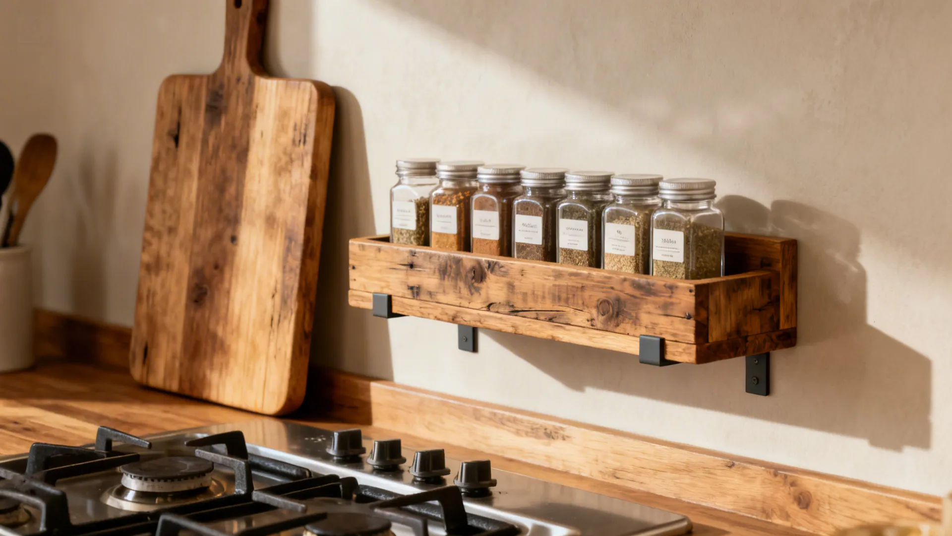 Reclaimed wood spice shelf with uniform jars and labels mounted near the cook zone.