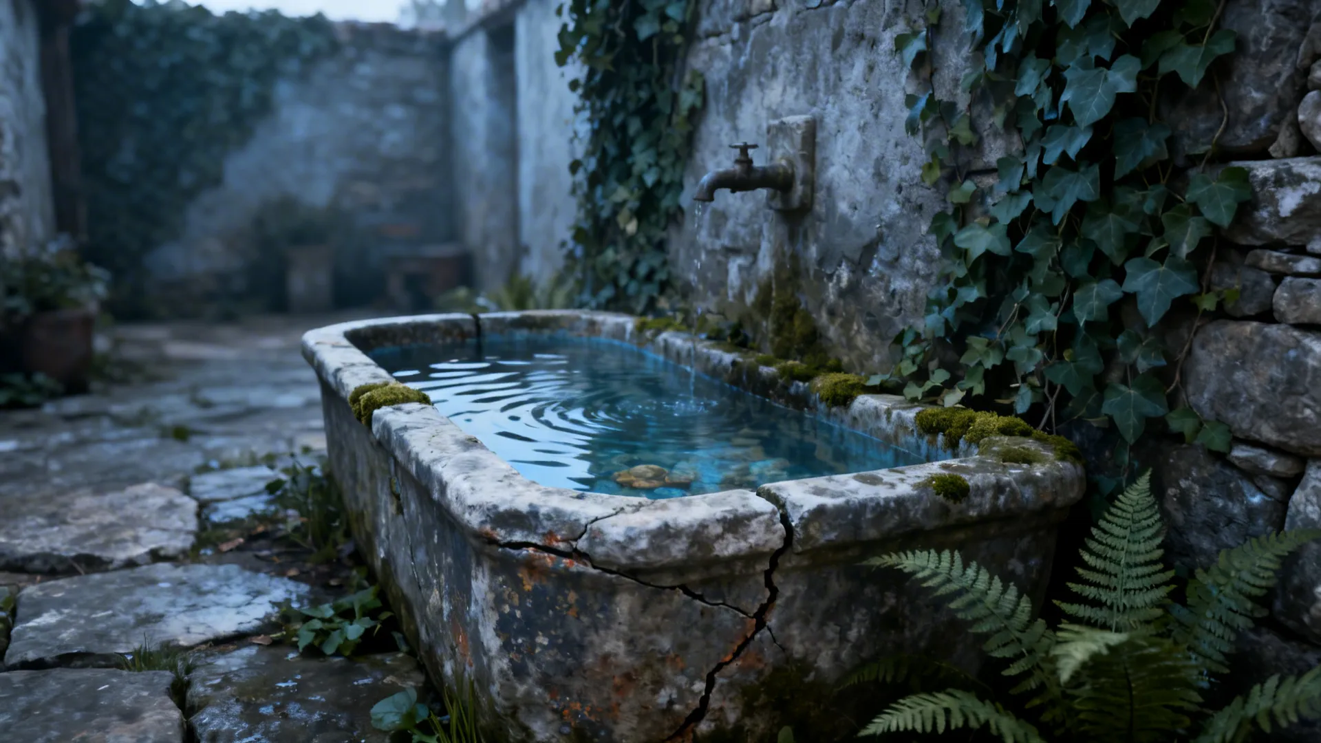 Courtyard with a reclaimed stone basin fountain surrounded by ferns and moss.