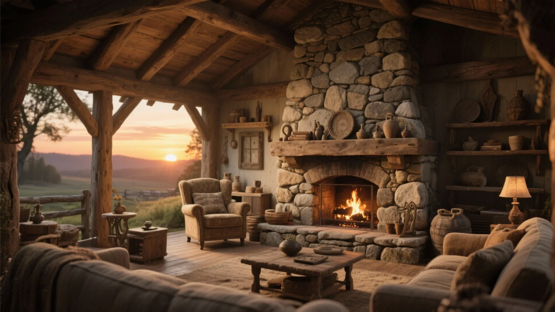 Rustic fireplace with reclaimed stone