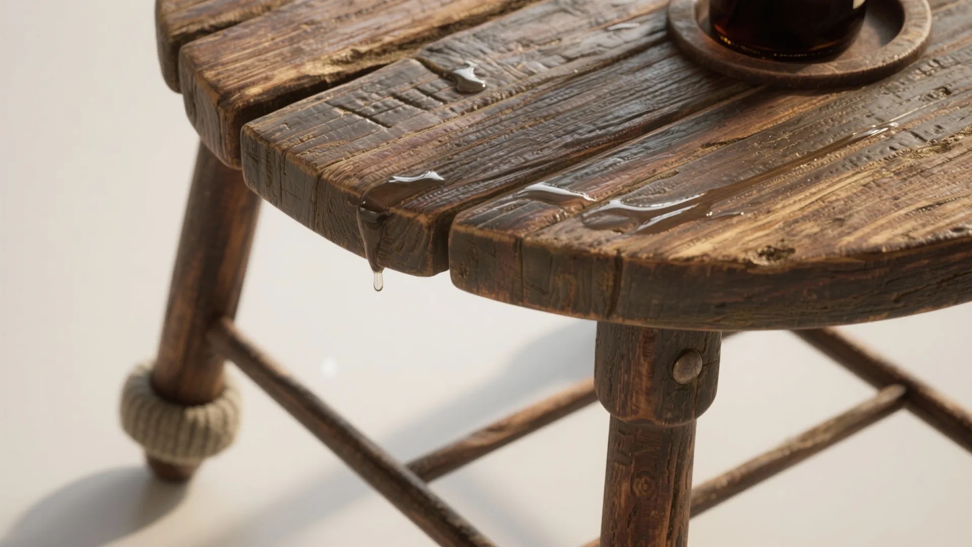 Close-up of a reclaimed wooden stool sealed for bathroom use, showing grain, varnish sheen, and felt pads.