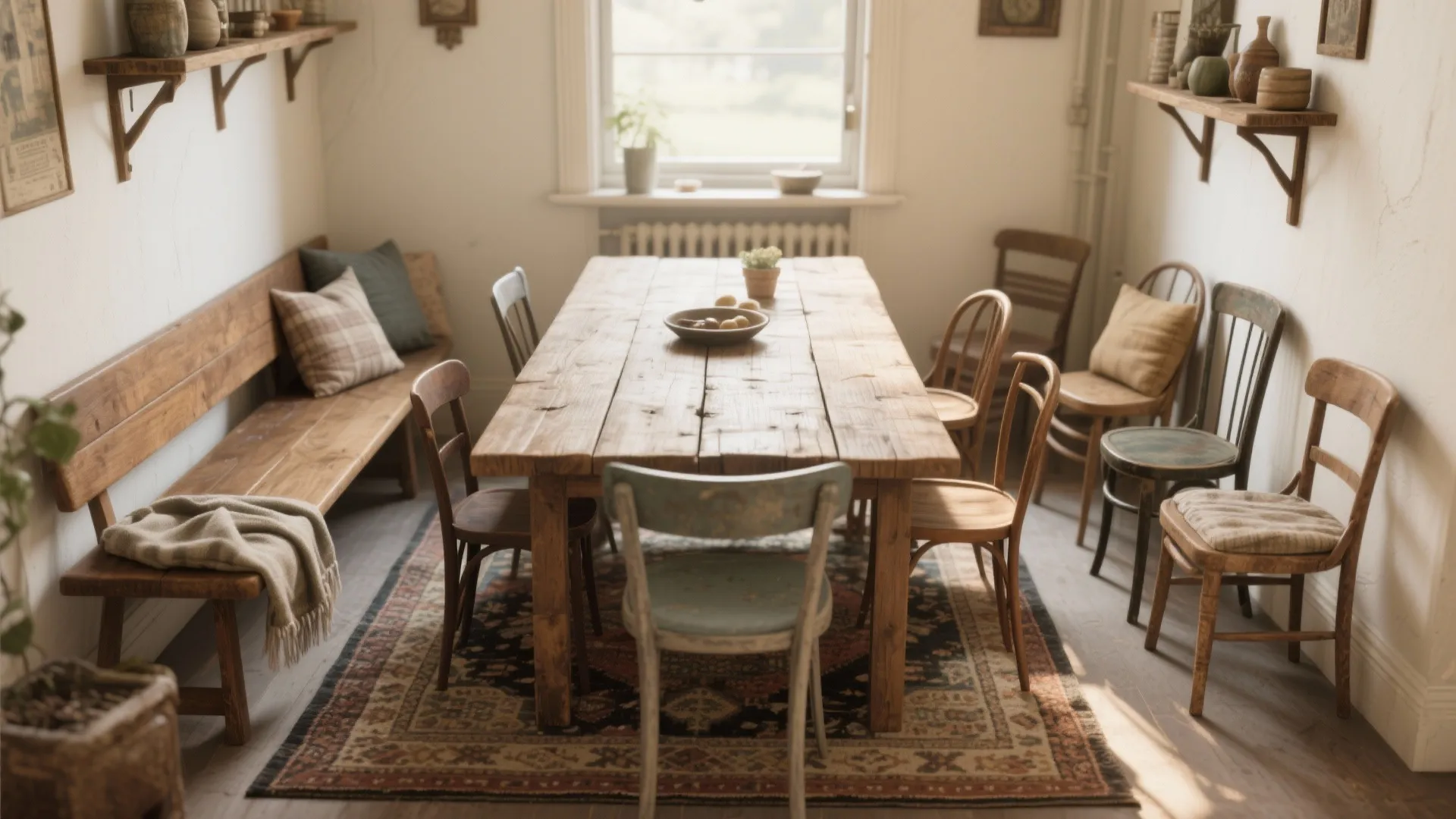 Reclaimed wood dining table with a bench and mixed vintage chairs in a small rustic dining room.