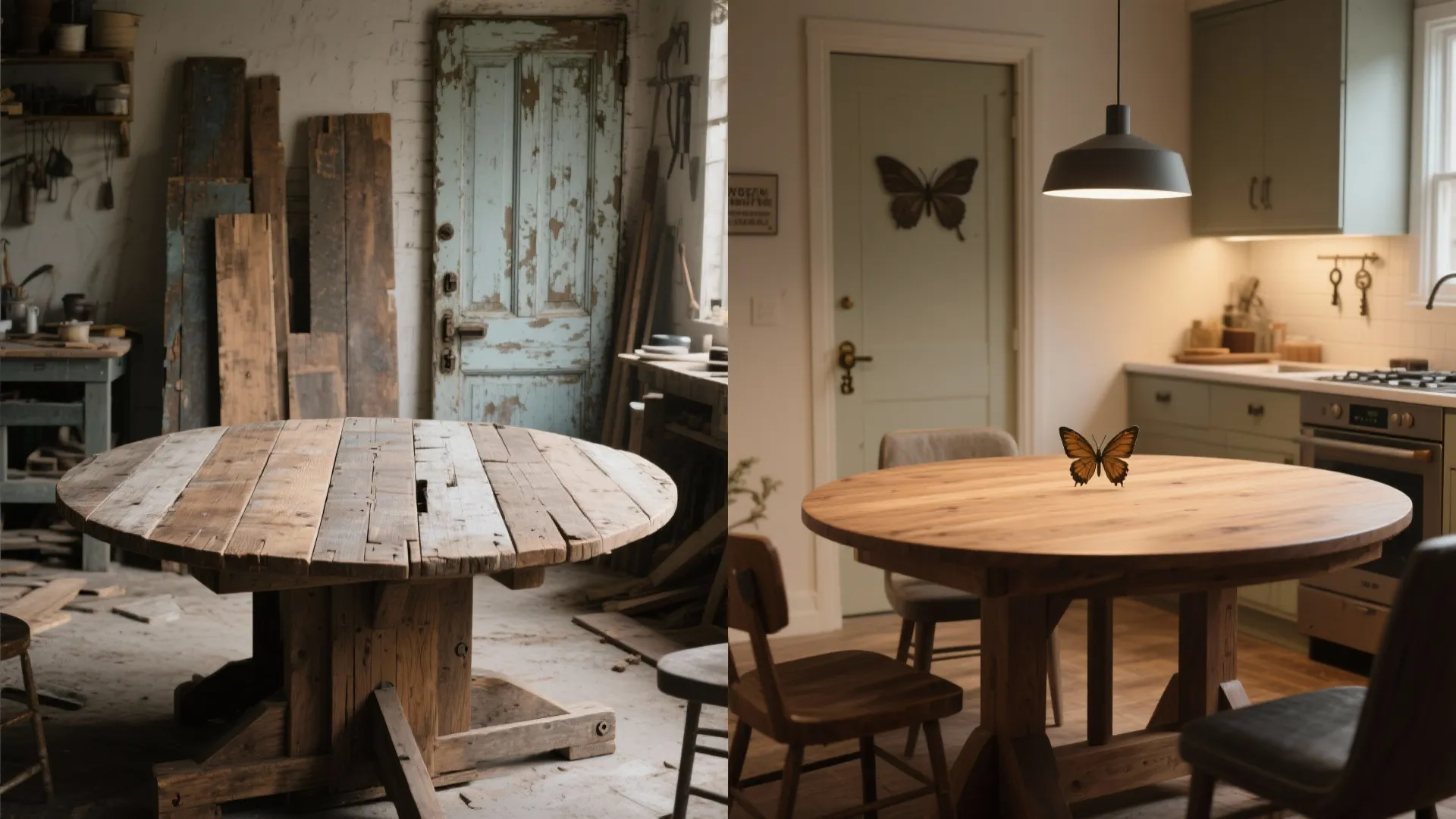 Side by side comparison of a rough wooden table base and a finished dining table