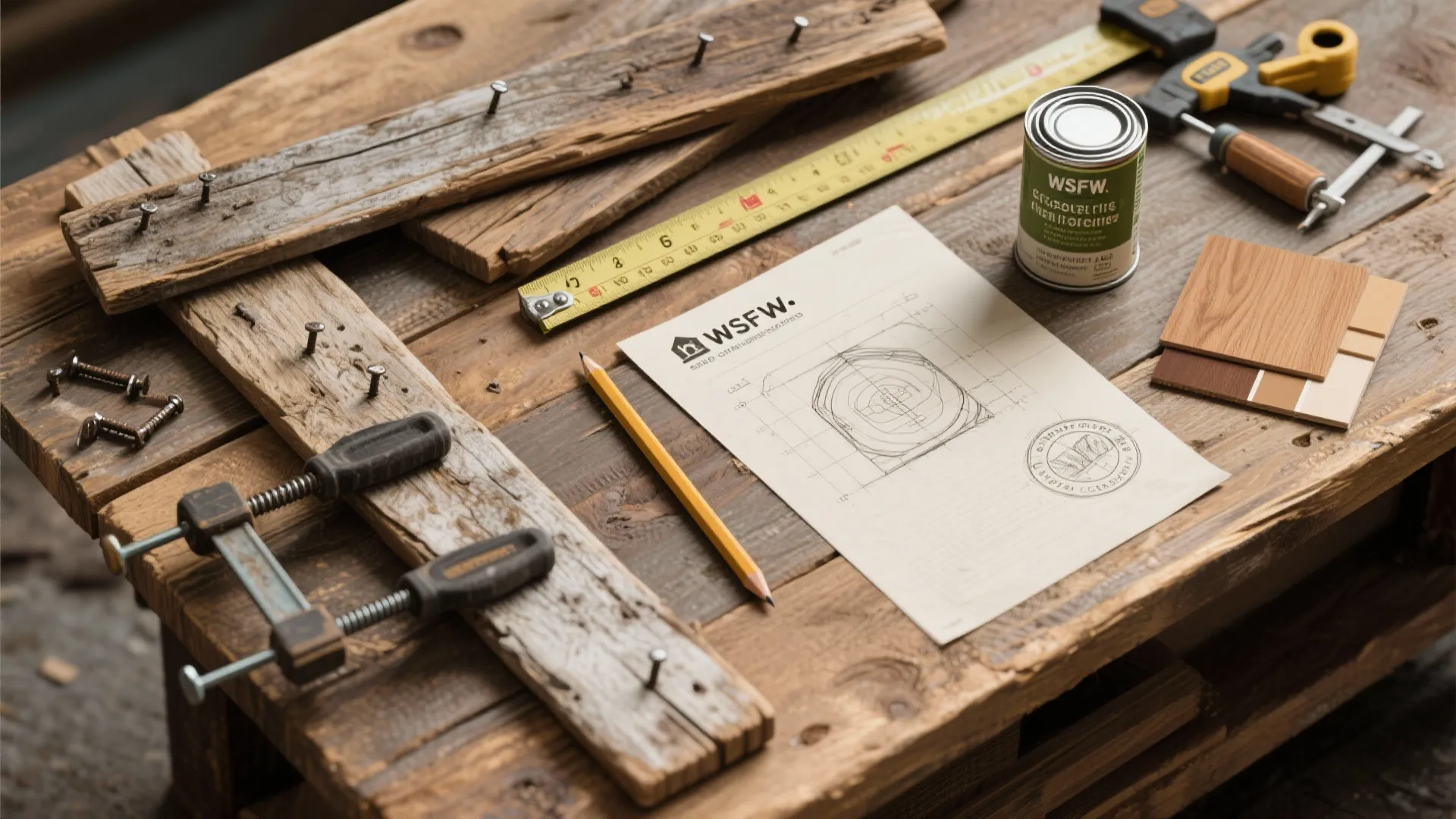 Top-down flatlay of reclaimed wood planks, tools, and finish samples for a DIY coffee table.