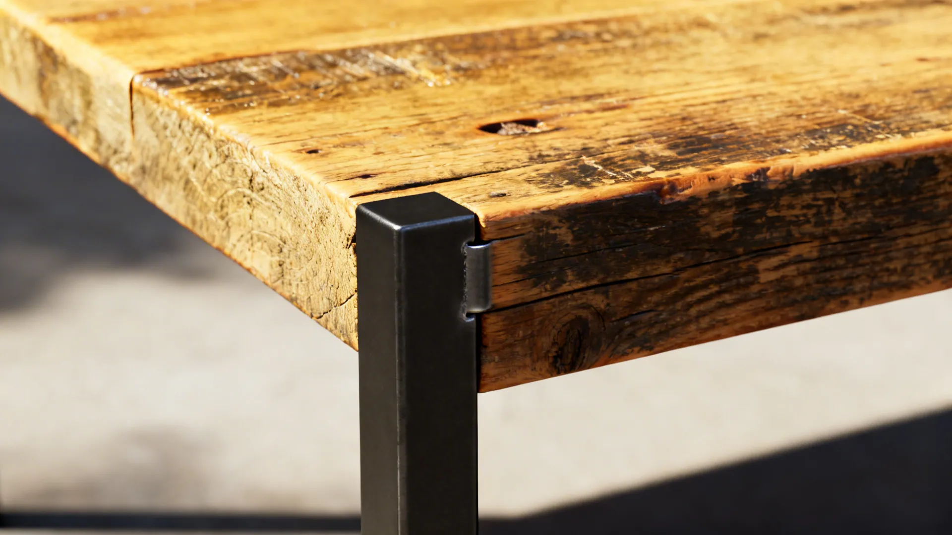 Close-up of reclaimed wood table edge with slim black metal leg showing grain and texture