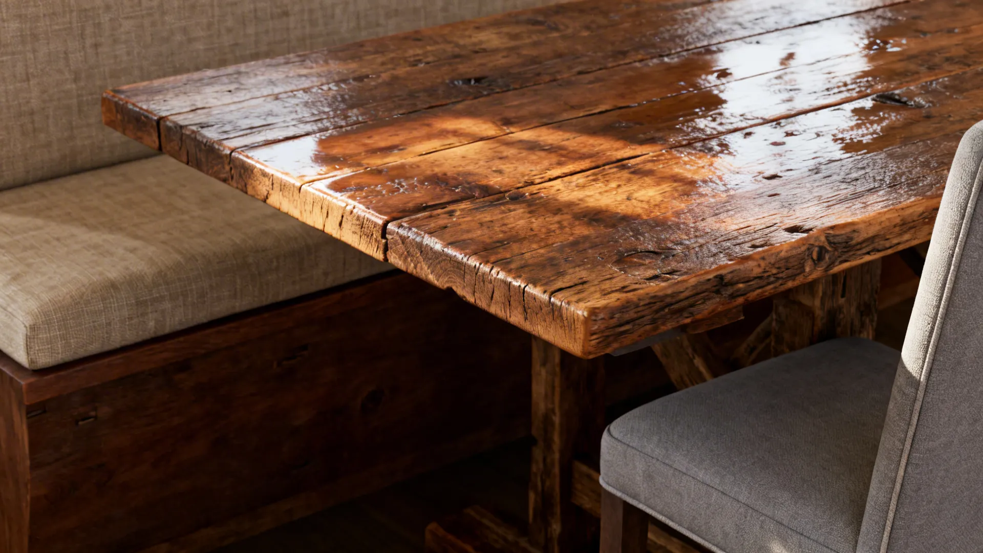 Close-up of reclaimed wood table texture with bench and upholstered chair details