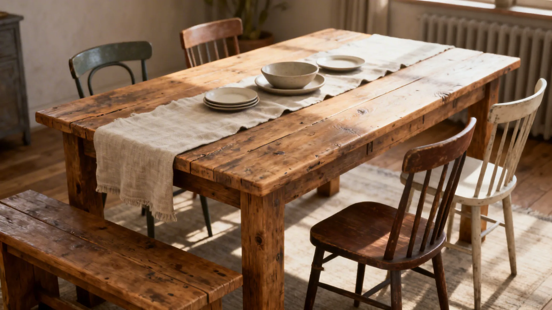 Rustic wooden dining table with a linen runner bowls and different wooden chairs in sunlight