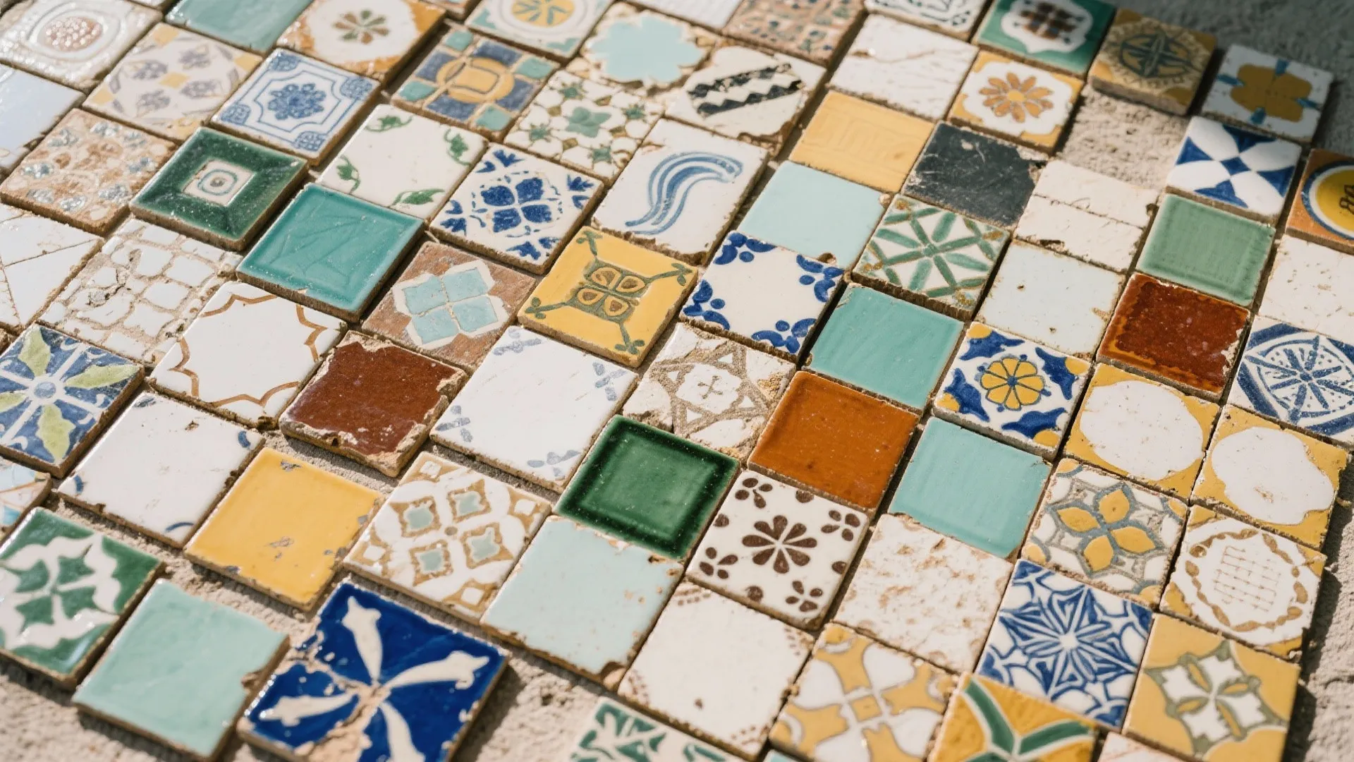 Collection of various small colorful square floor tiles with different patterns laid out on ground