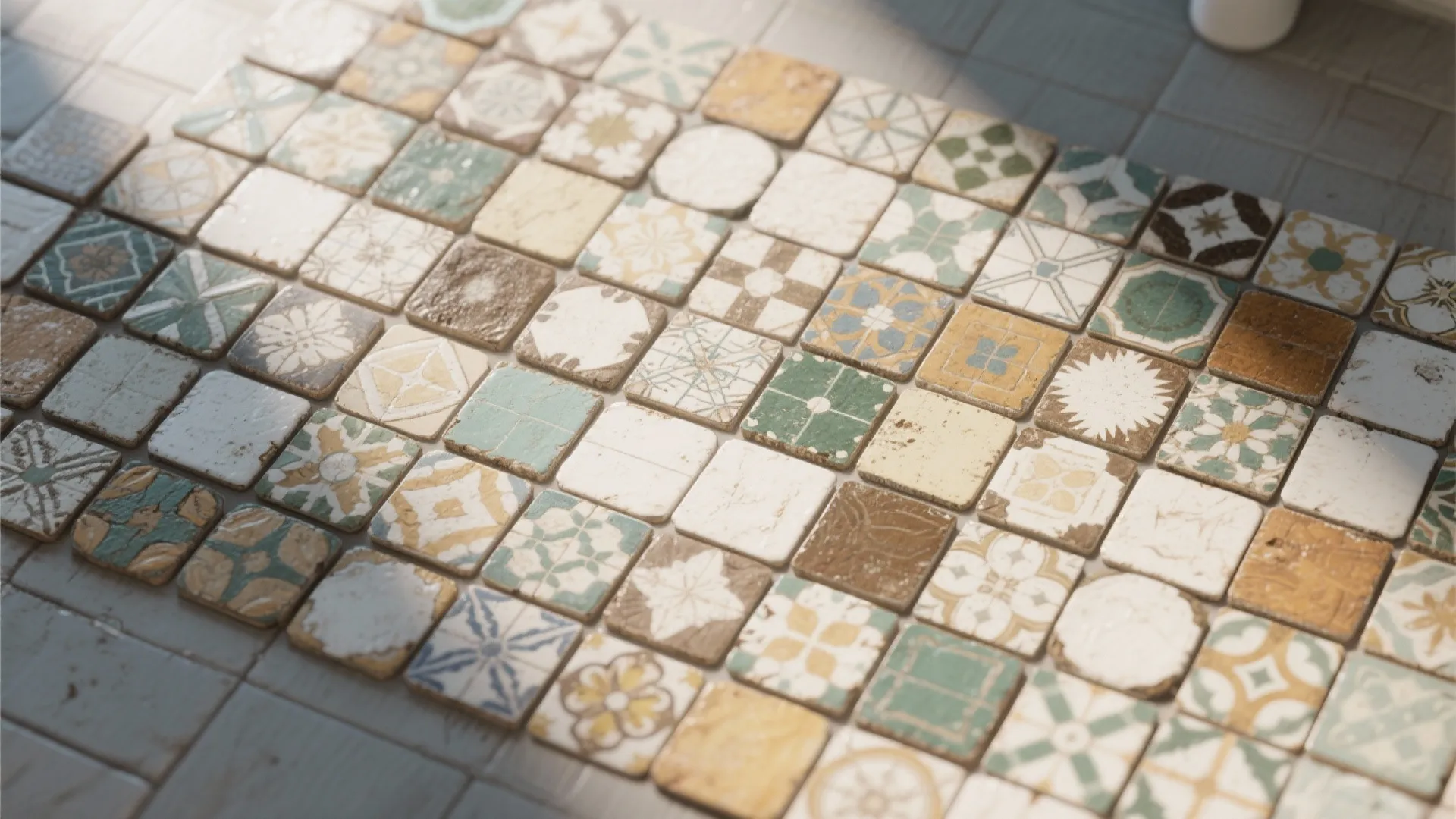 Collection of small vintage wall tiles with different colorful patterns and aged textures on floor