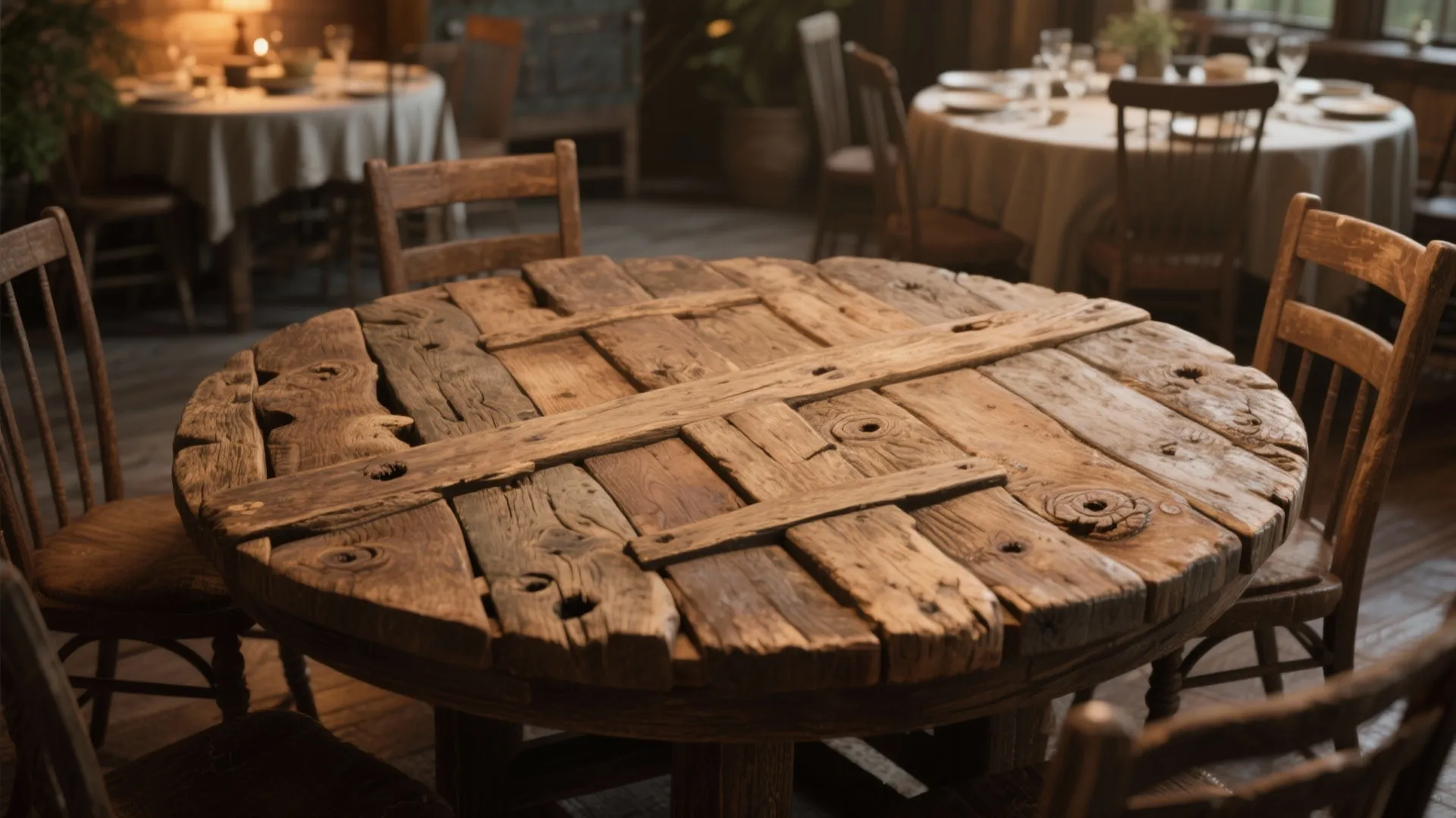 Round rustic dining table made from reclaimed wood planks surrounded by several dark wooden chairs