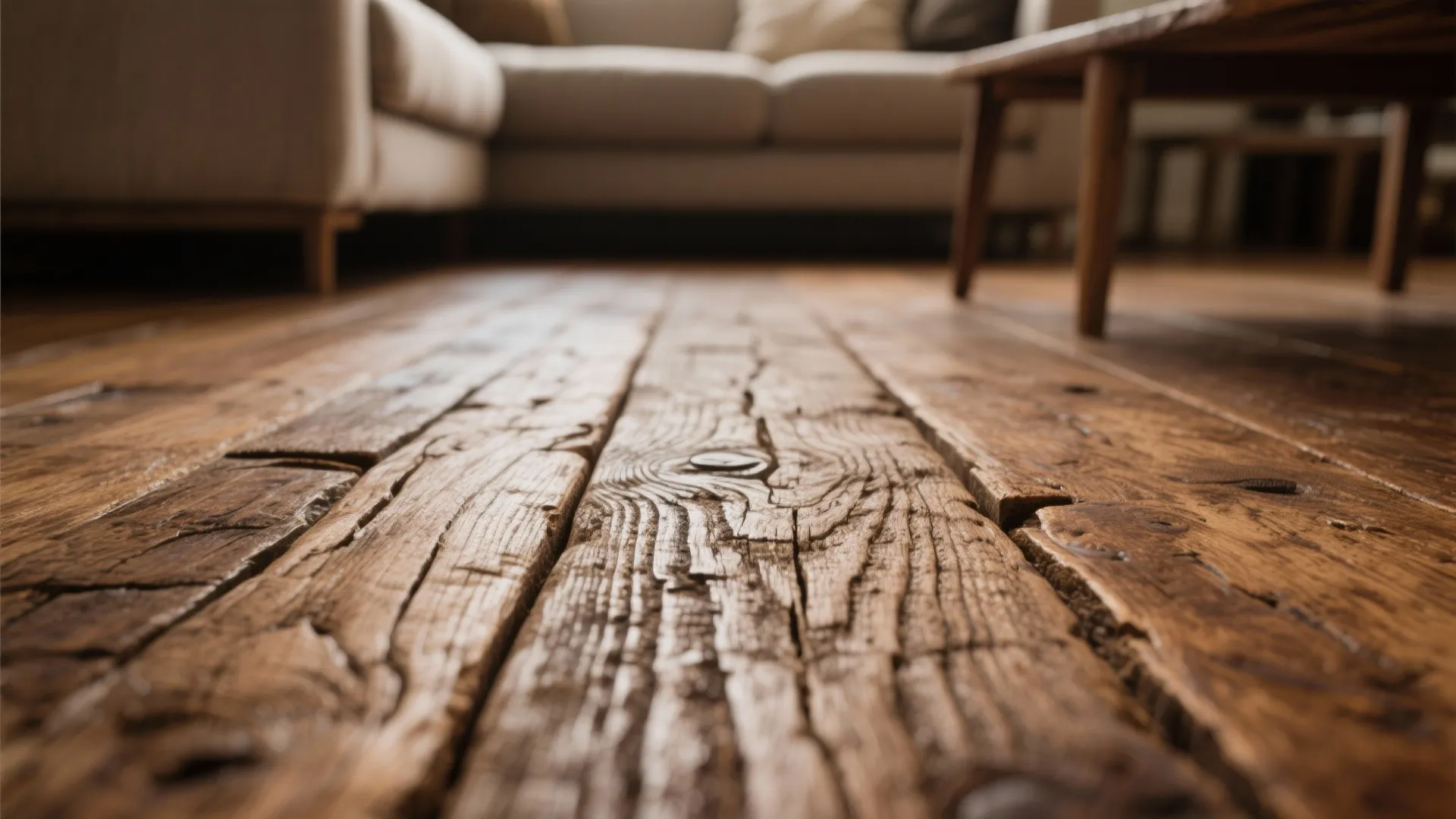 Close up view of natural rustic wood flooring in a living room with blurred sofa background