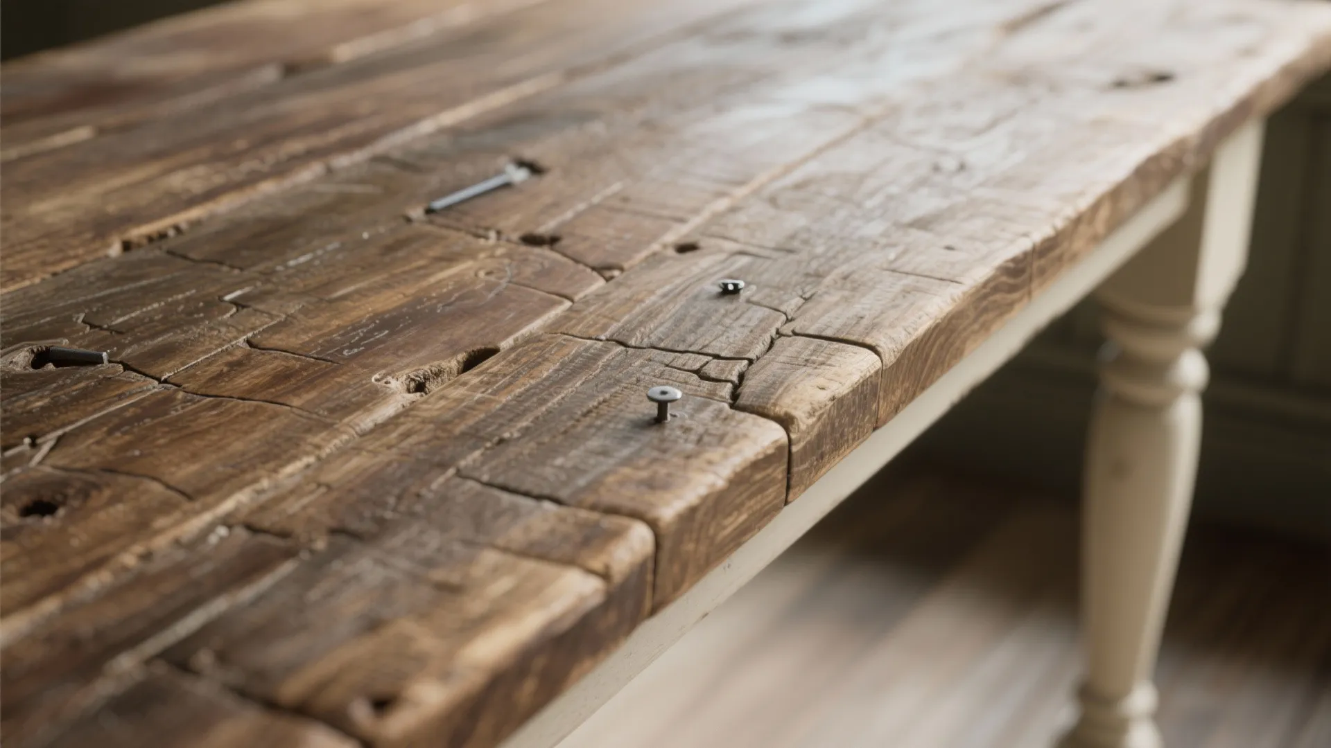 Close up of rustic reclaimed wood table top with visible metal nails and natural texture