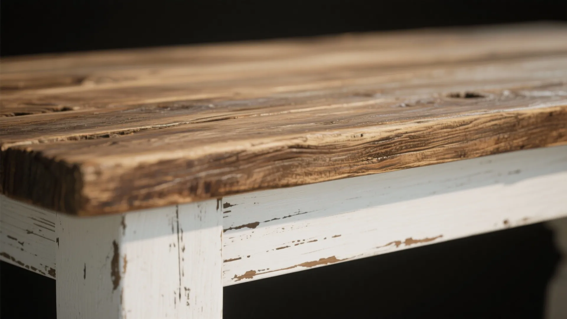 Close-up of reclaimed wood tabletop next to a painted white farmhouse base showing texture and patina.