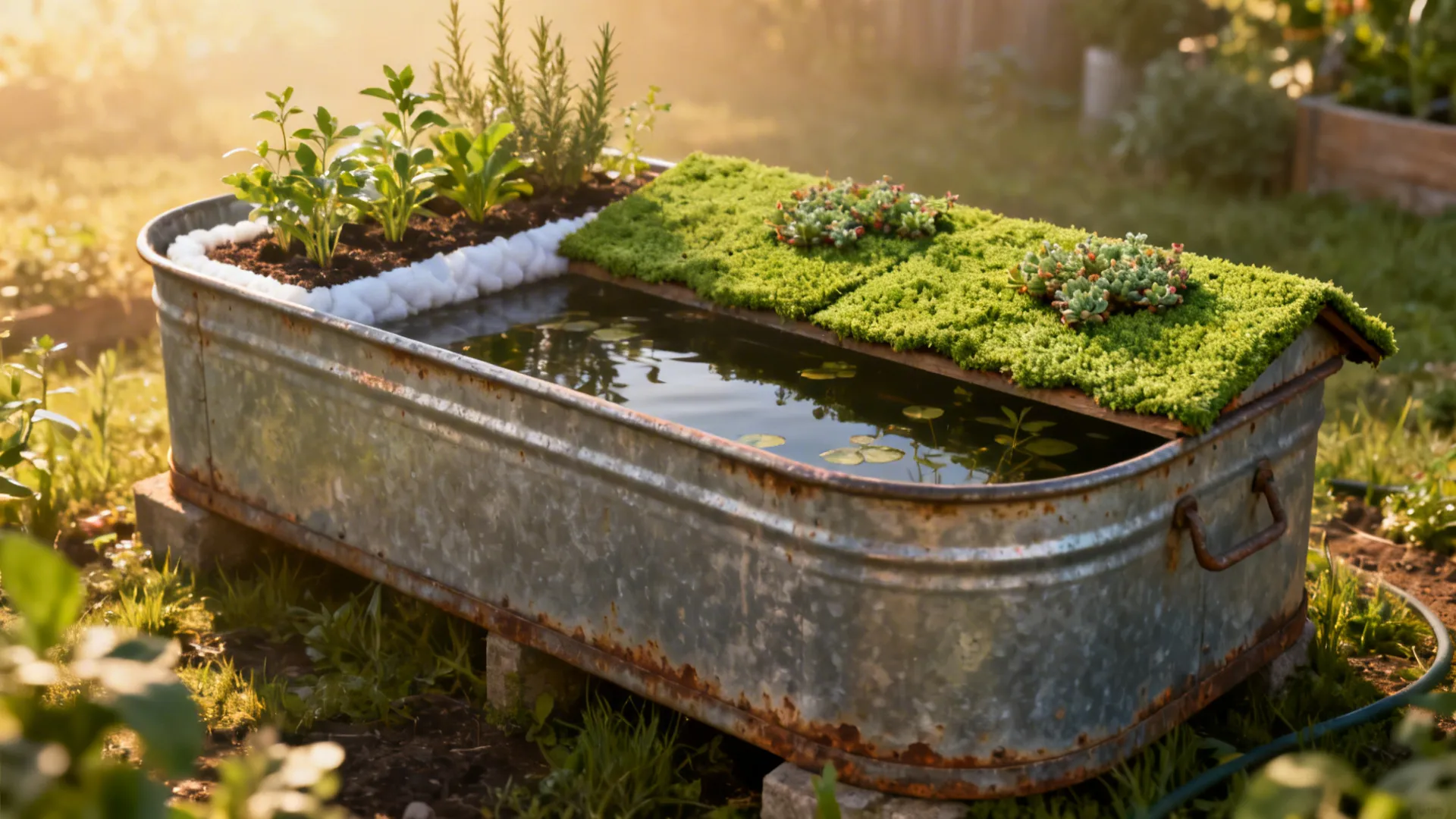 Reclaimed trough used as a raised pond with a sedum green roof and herbs on the cover in a small garden.
