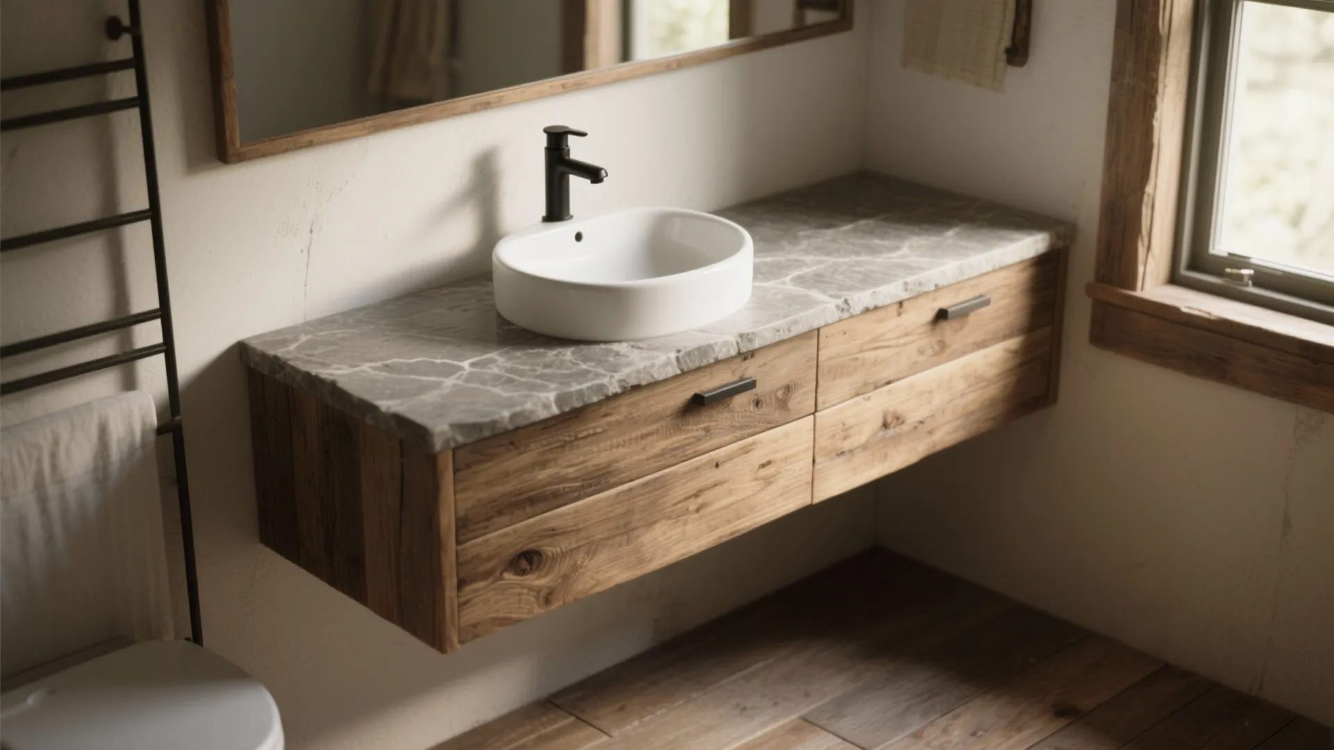 1. Reclaimed Wood Vanity with a Slim Profile