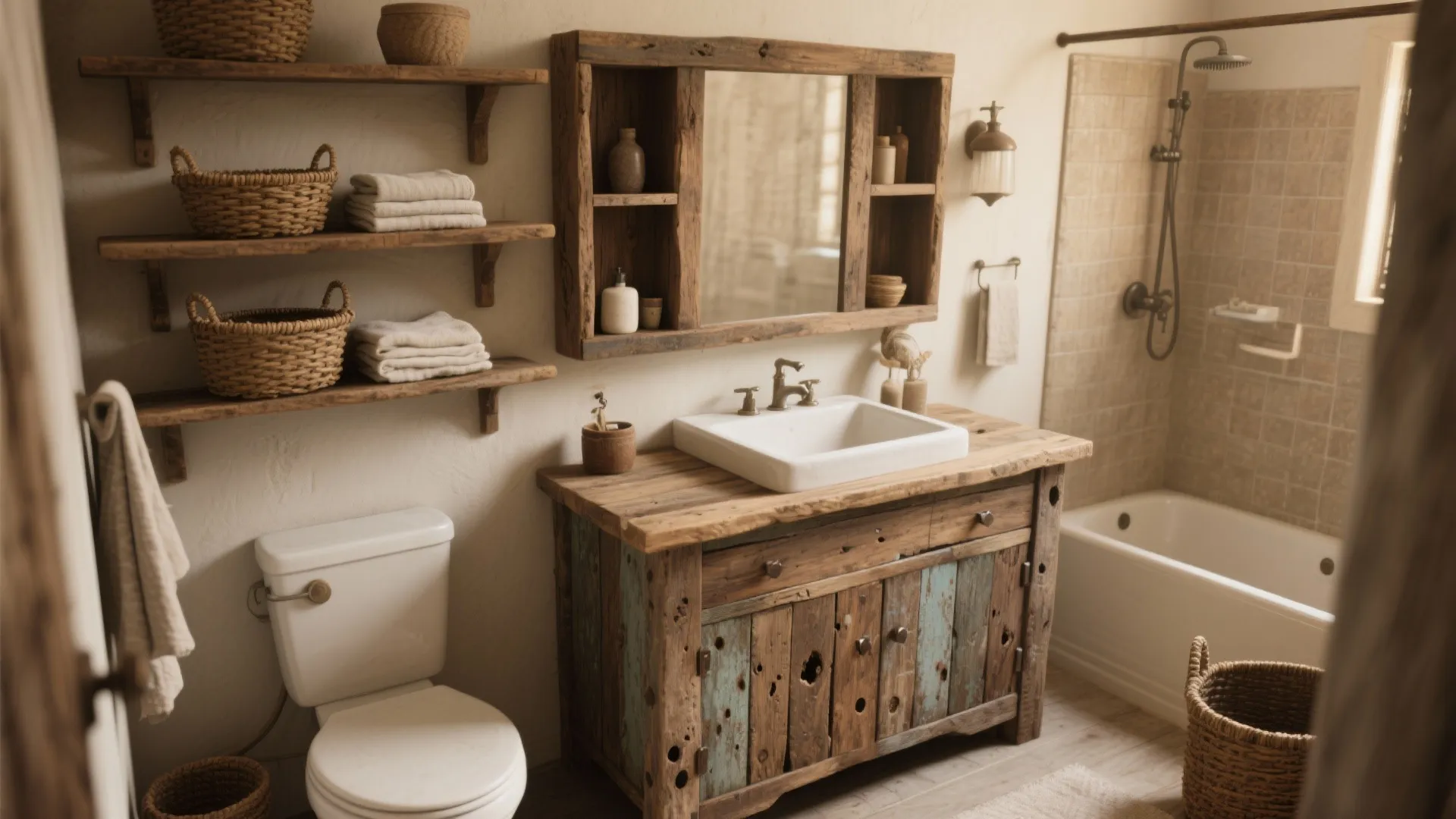 2. Reclaimed wood vanity and open shelving