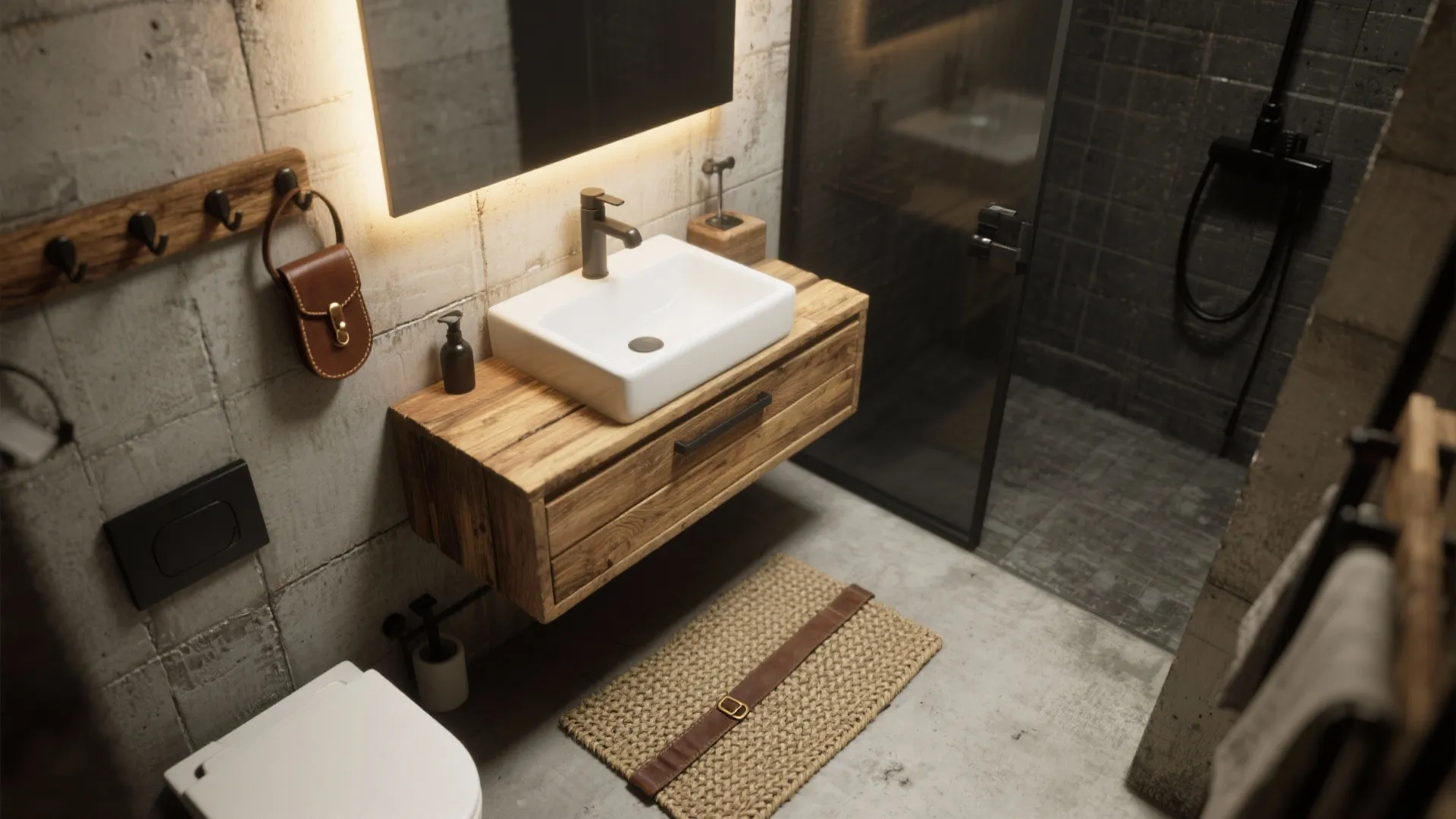 3. Warm accents: reclaimed wood vanities and woven textures