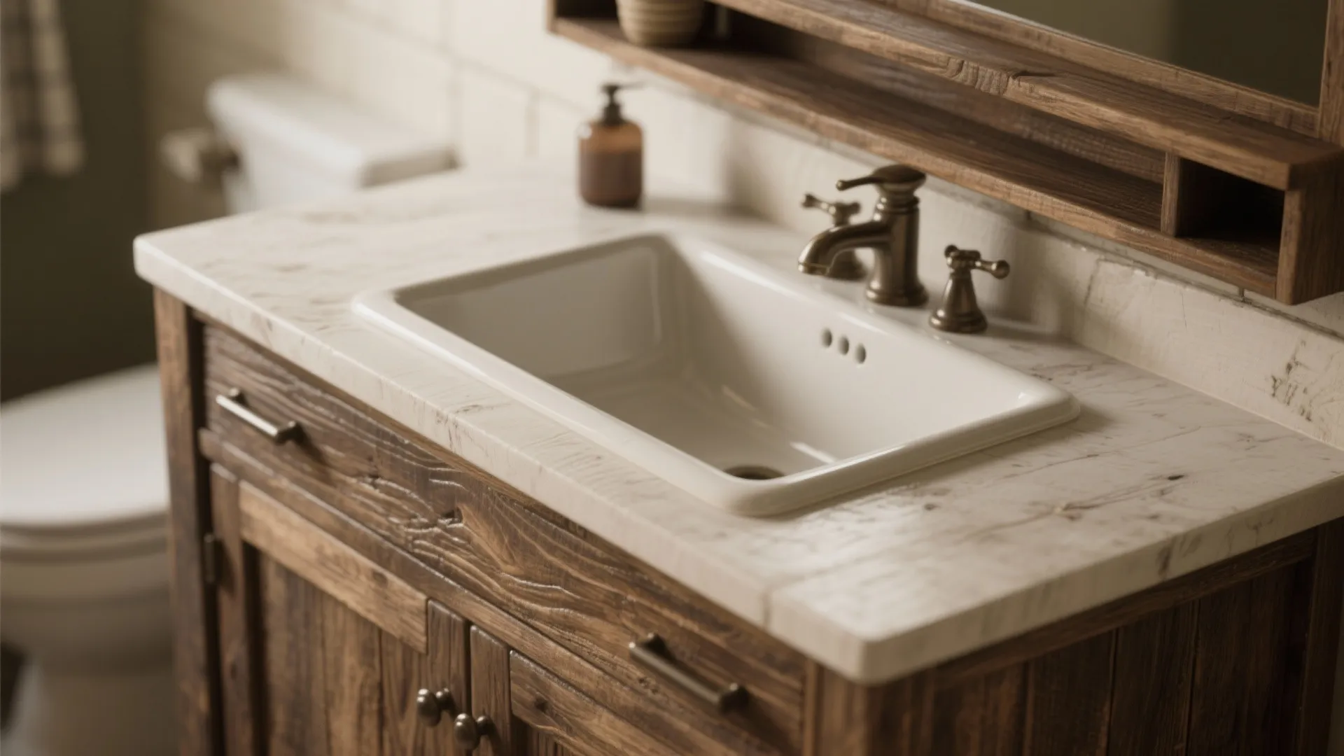 White bathroom sink with marble countertop and wooden cabinet plus a rustic wooden frame mirror