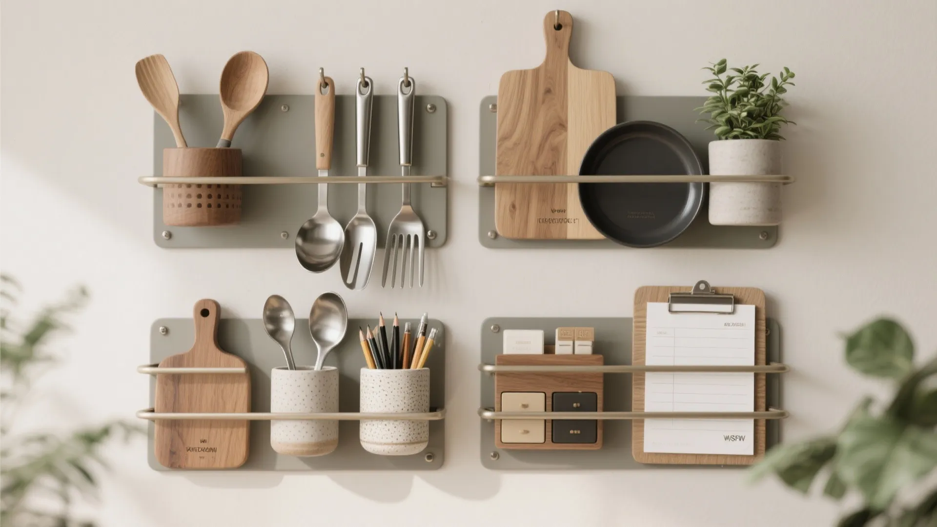 Wall organizers holding kitchen utensils and office supplies