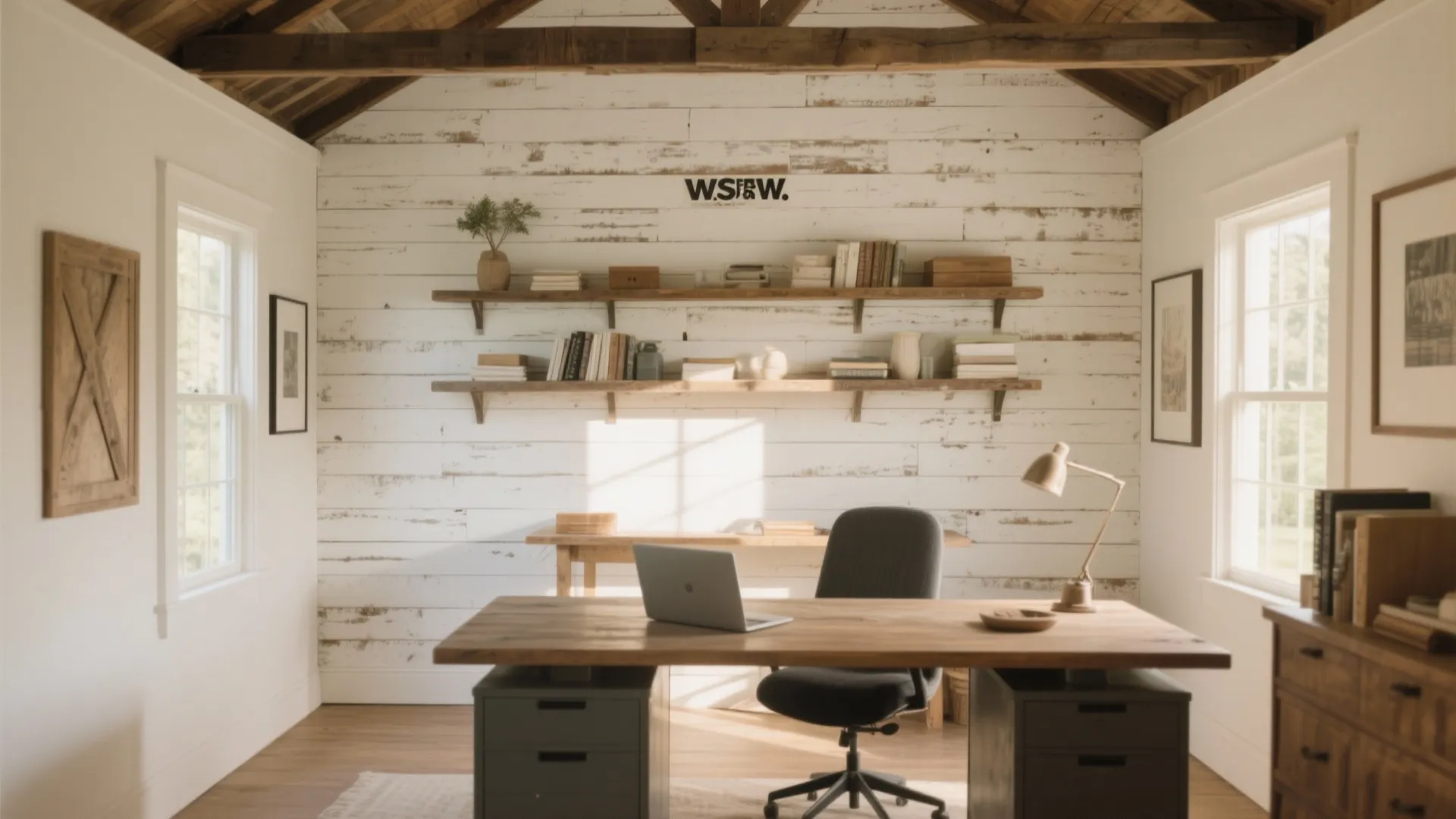Home office with white wall paneling wooden desk black chair wall shelves and a desk lamp