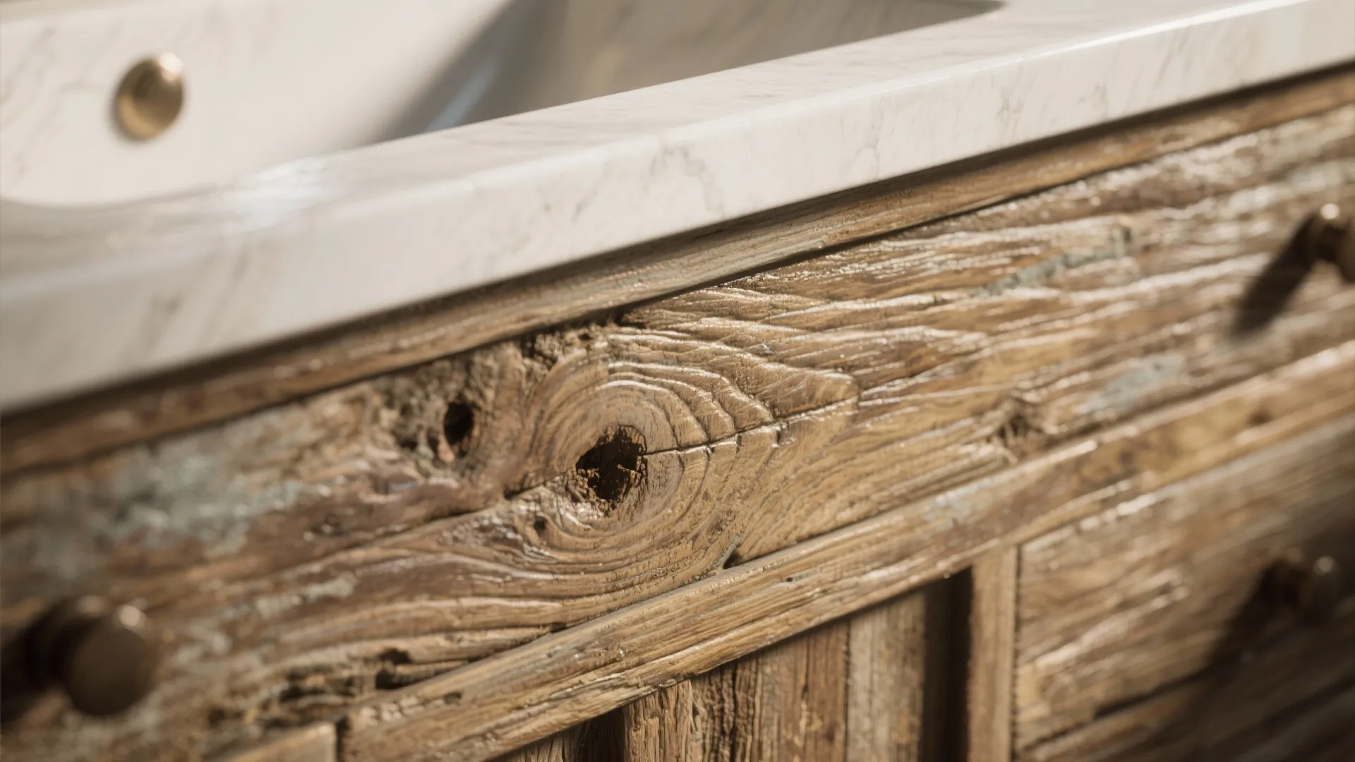 Close up of rustic bathroom cabinet made from reclaimed wood with white marble counter top