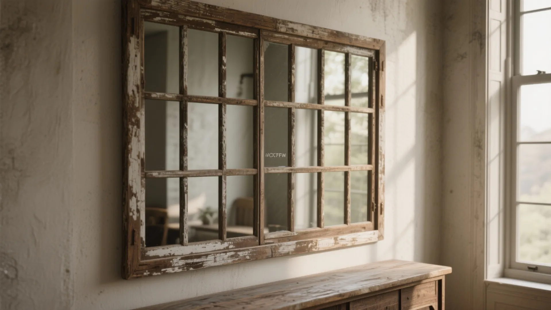 Large mirror with old window frame hanging on white wall above long wooden storage cabinet