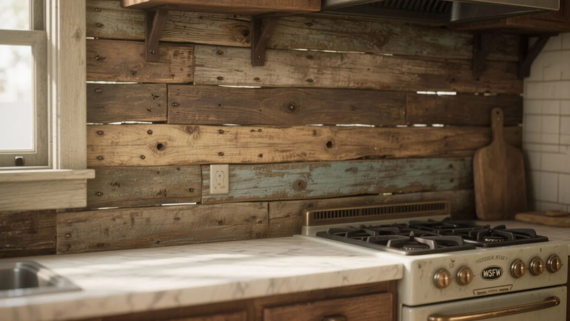Reclaimed wood plank backsplash with visible grain, nail holes and a protective varnish behind a small kitchen stove.
