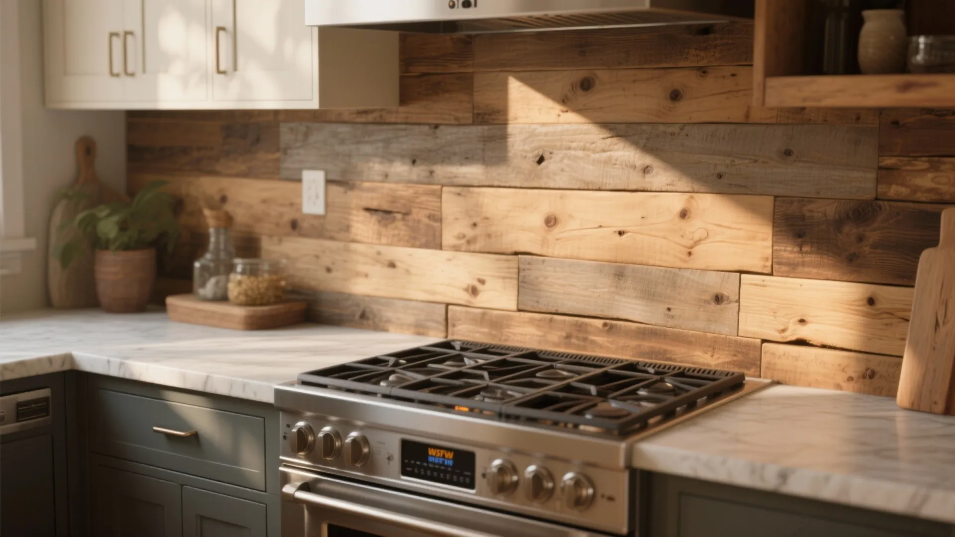 Kitchen stove area with marble countertop and a wall made of natural brown wood panels