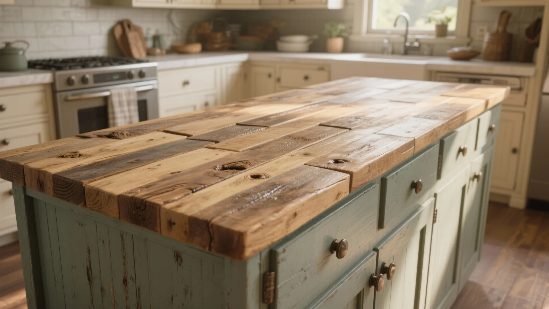 Butcher-block style reclaimed wood countertop with warm wood grain and oiled finish in a cozy kitchen.