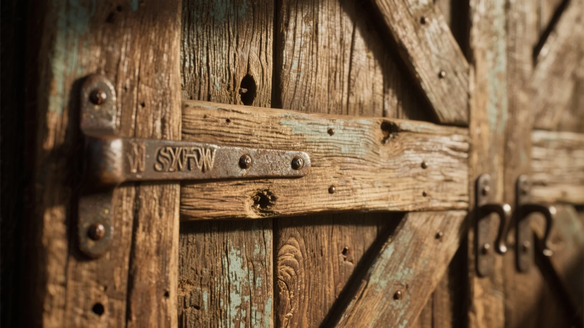 Close up of weathered brown wood door with rustic metal hinges and small black door handles