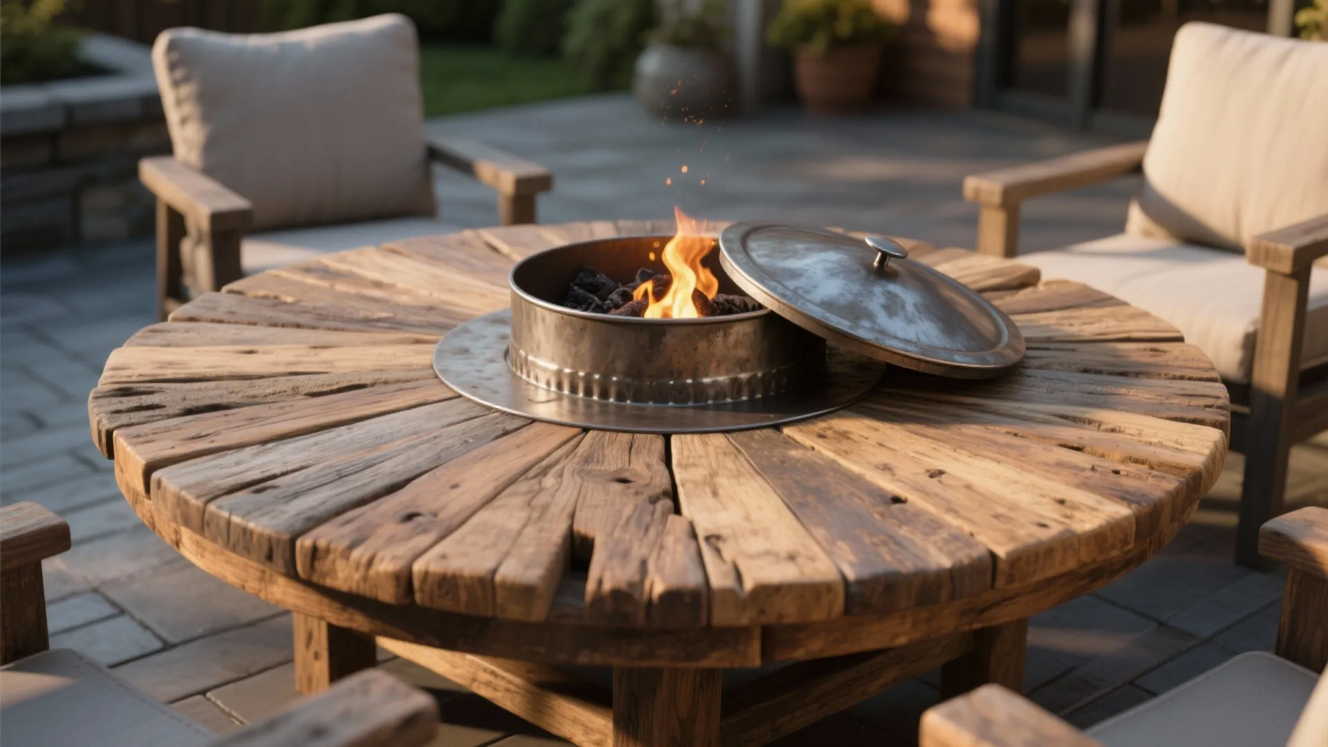 Round reclaimed wood coffee table with a central fire pit on an outdoor garden patio