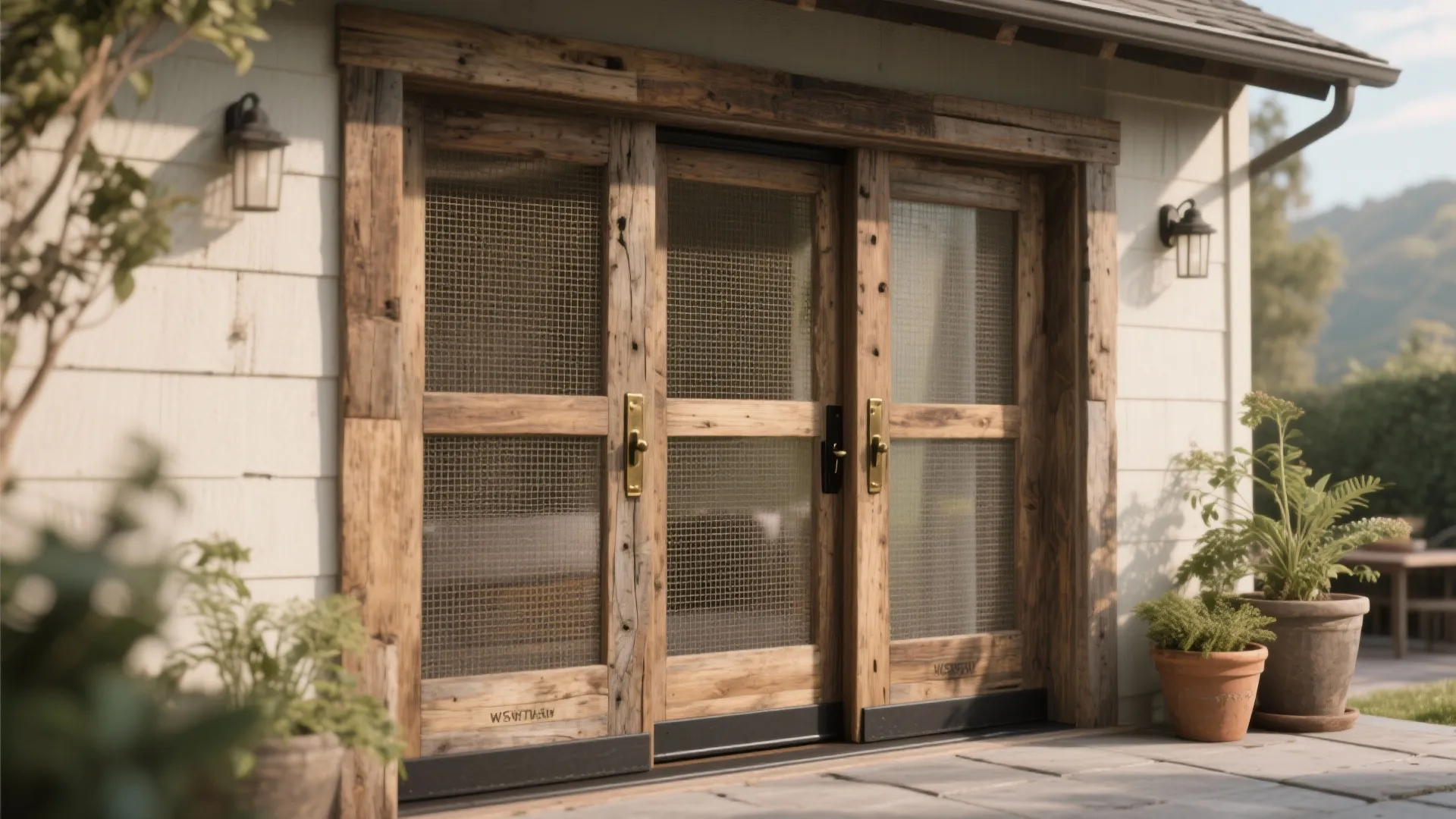 Rustic wooden sliding doors with metal mesh screens on a white house exterior with plants