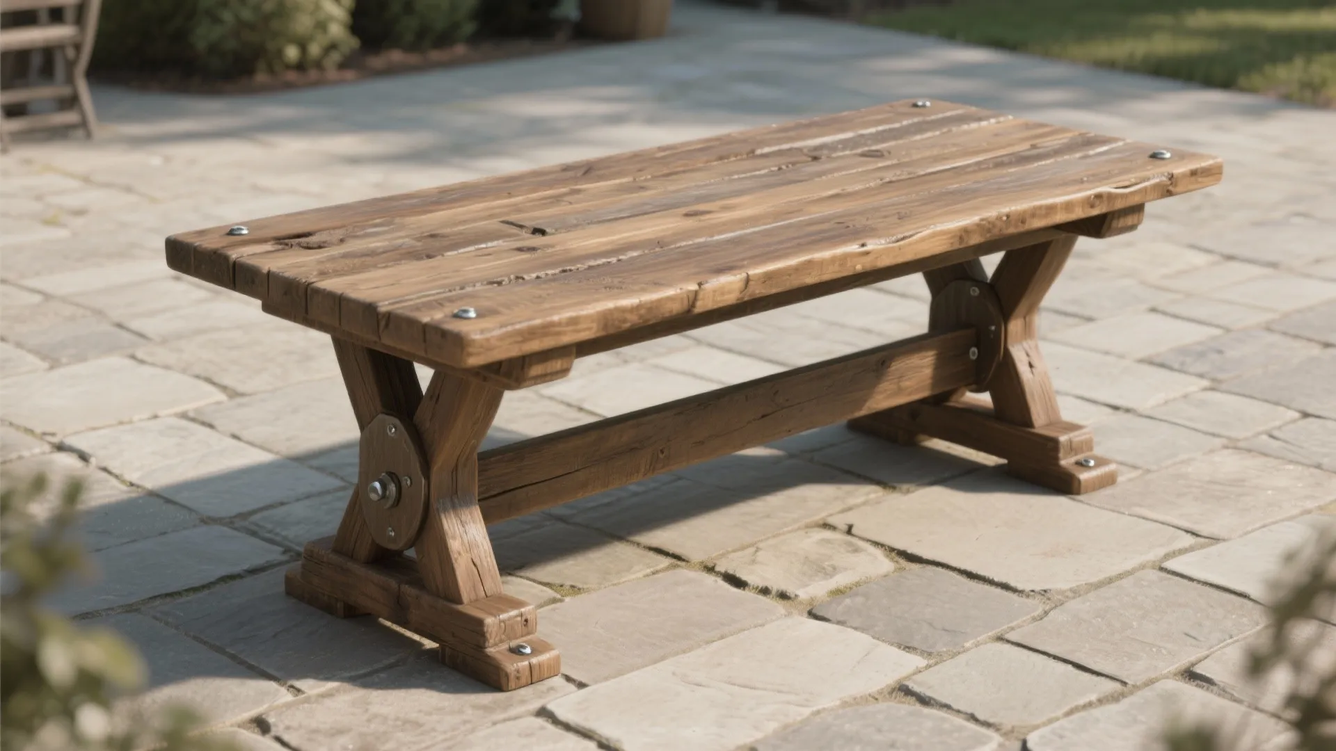 Classic reclaimed wood farm table showing weathered oak top, visible joinery, and oil finish on a patio.