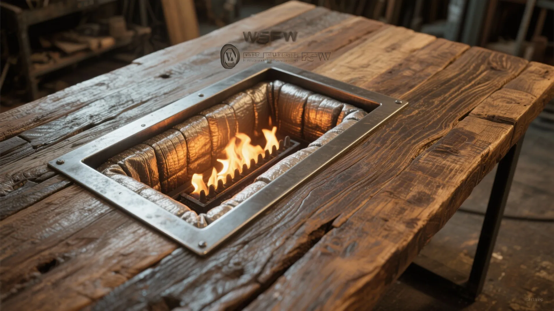 4. Reclaimed-wood table with replaceable metal fire insert
